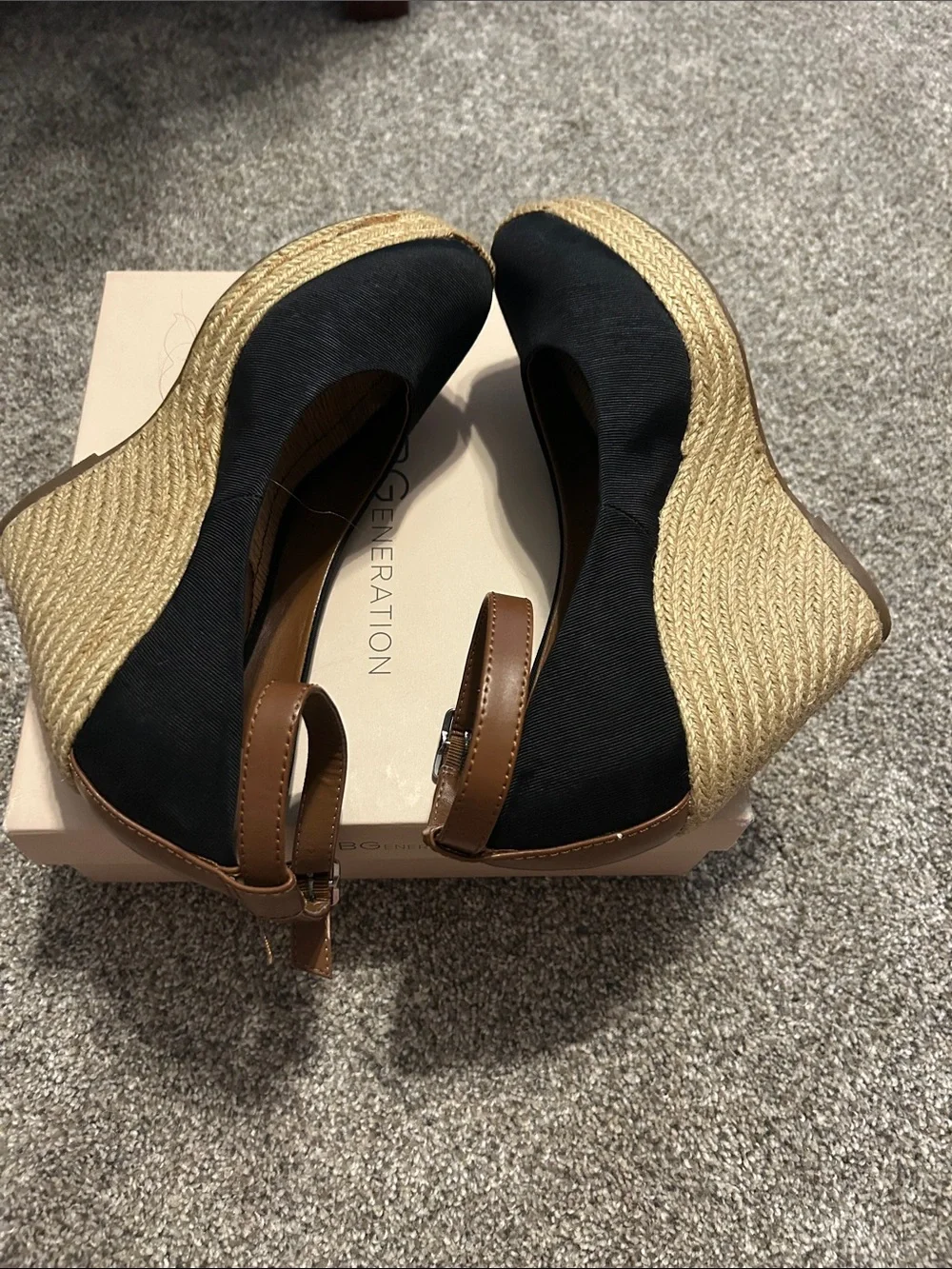 BCBGeneration Women's Black Espadrille Wedge with Brown Ankle Strap
